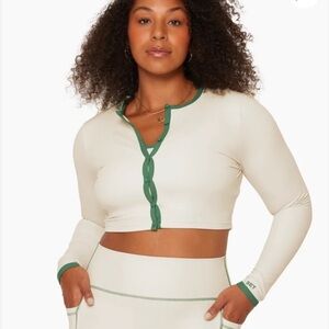 Set Active Women's Cream and Green Long Sleeve Crop Top Button Up Cardigan